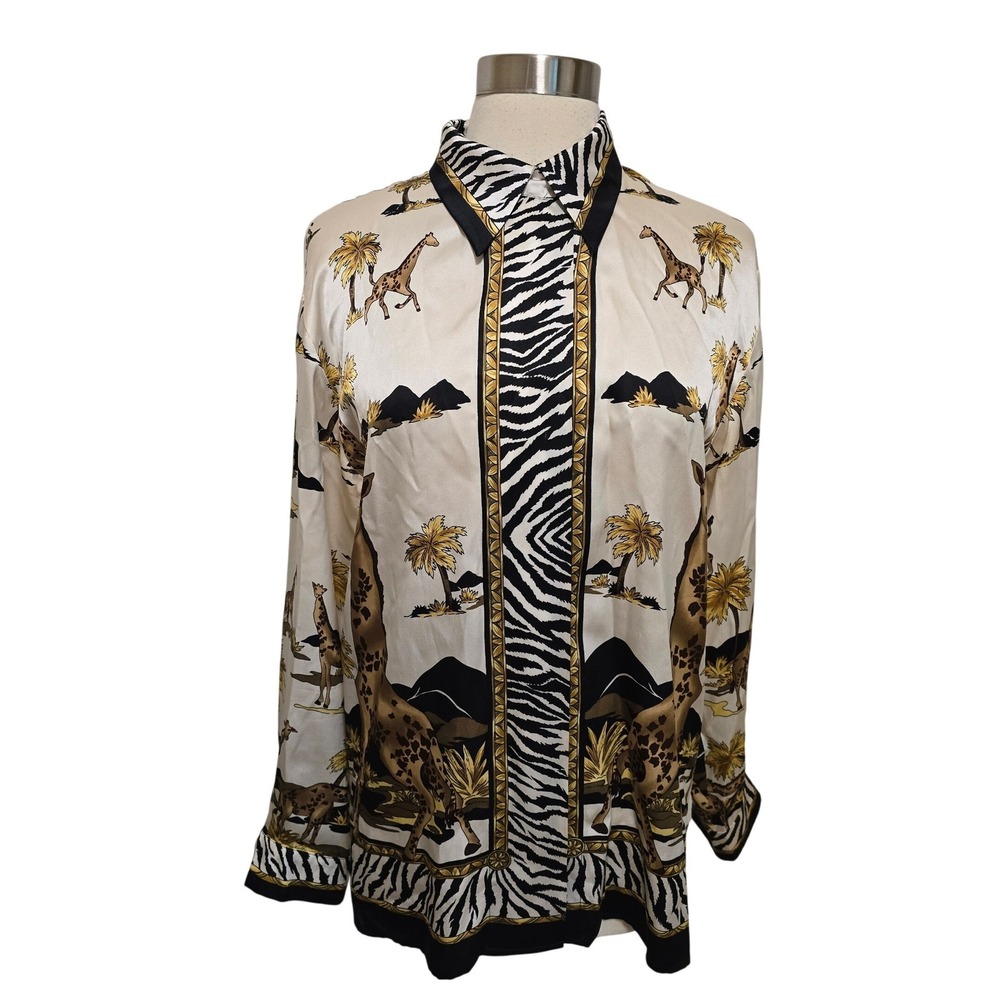 Womens 90s Vintage 100% Silk Safari Giraffe Zebra Print Button Down Blouse Small